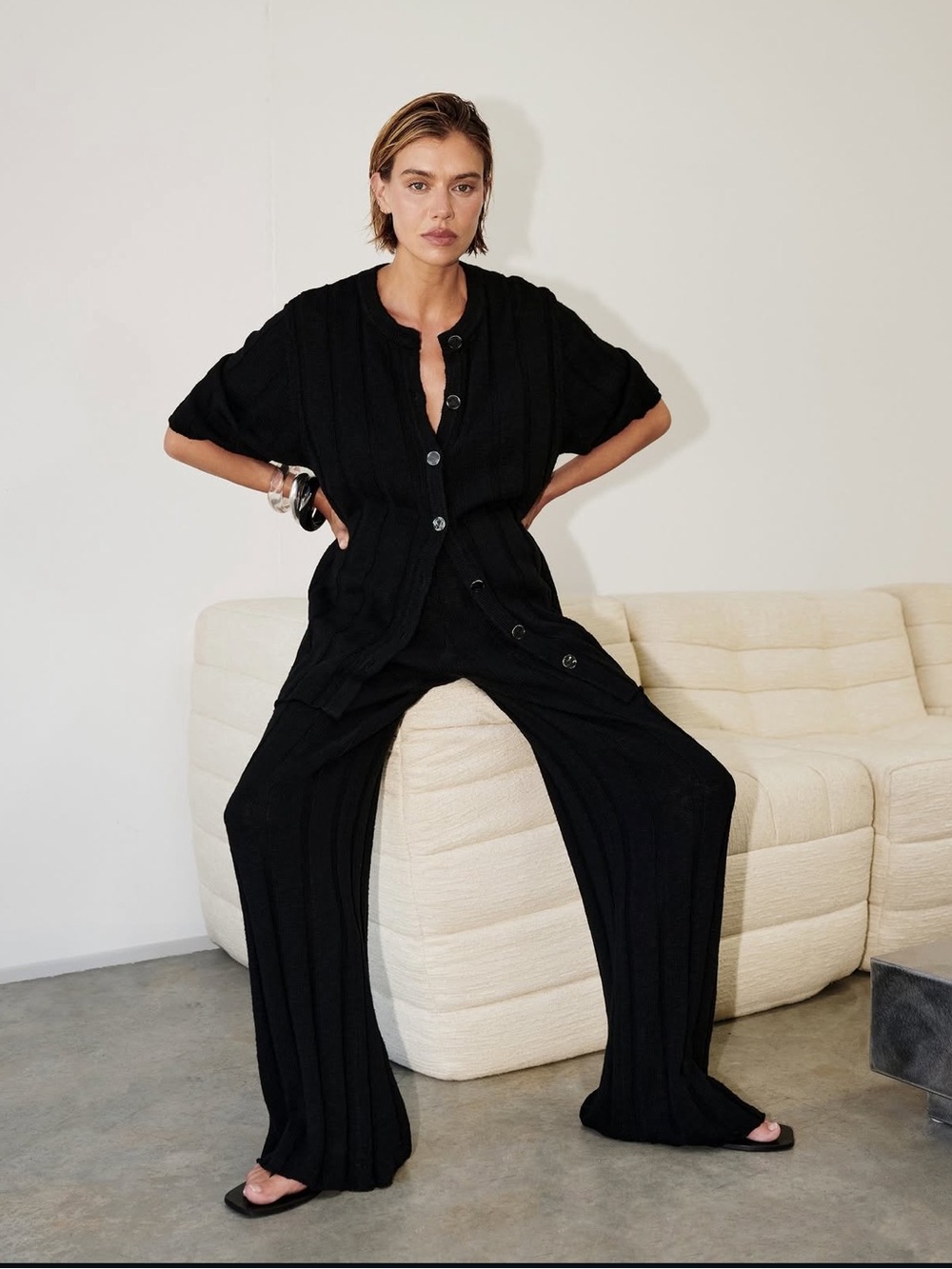 DISSH Jazz black button knit shirt and wide leg knit pant set size XS